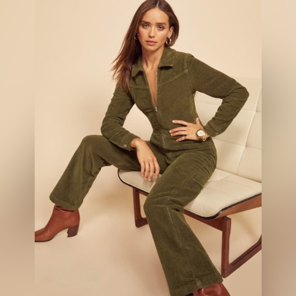 Reformation green corduroy jumpsuit
